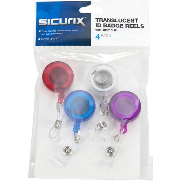 Sicurix Id Slide-Style Belt Clip Card Reels, 30" Extension, Blue/Purple/Red/Translucent, 4/Pack