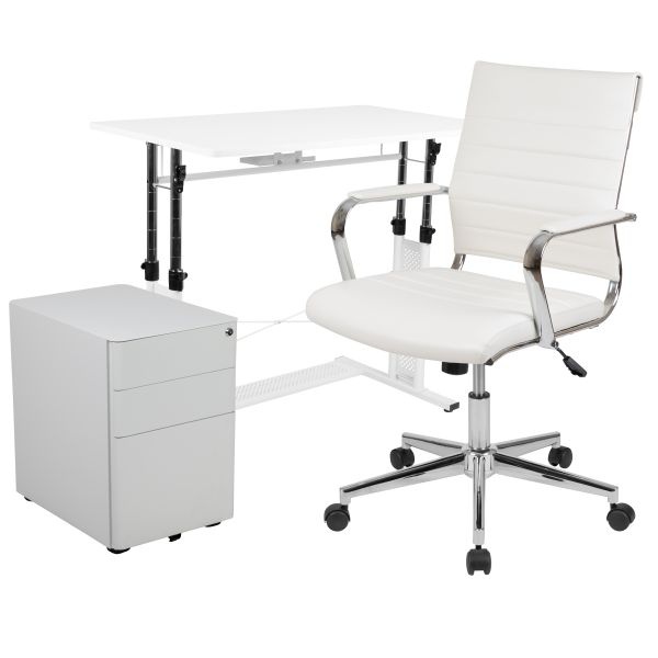 Stiles Work From Home Kit - White Adjustable Computer Desk, Leathersoft Office Chair And Side Handle Locking Mobile Filing Cabinet
