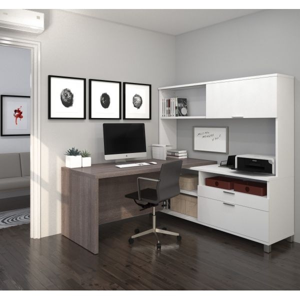 Bestar Pro-Linea L-Desk With Hutch In White & Bark Gray