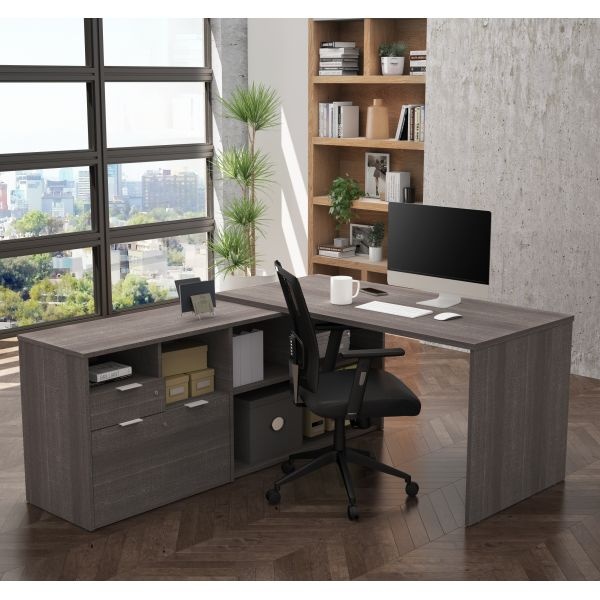 Bestar I3 Plus L-Desk With Two Drawers In Bark Gray