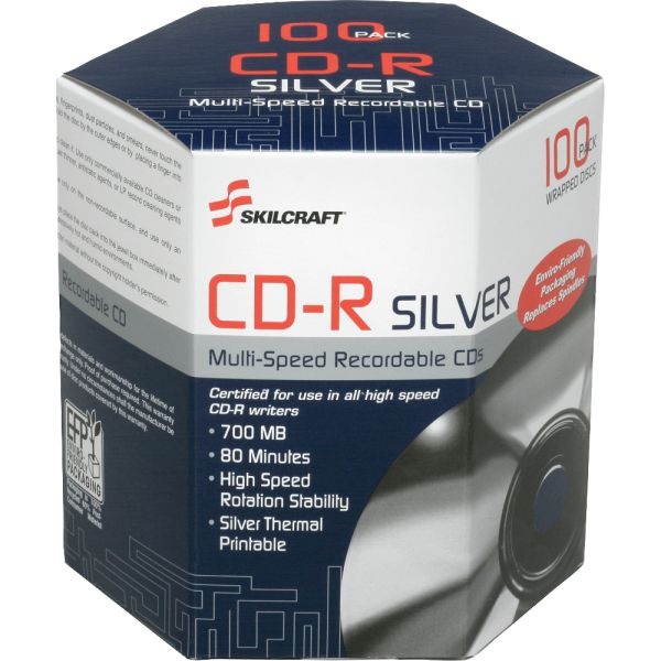 Skilcraft 52X Cd-R Thermal Printable Media, 700 Mb, 80 Minutes, Pack Of 100