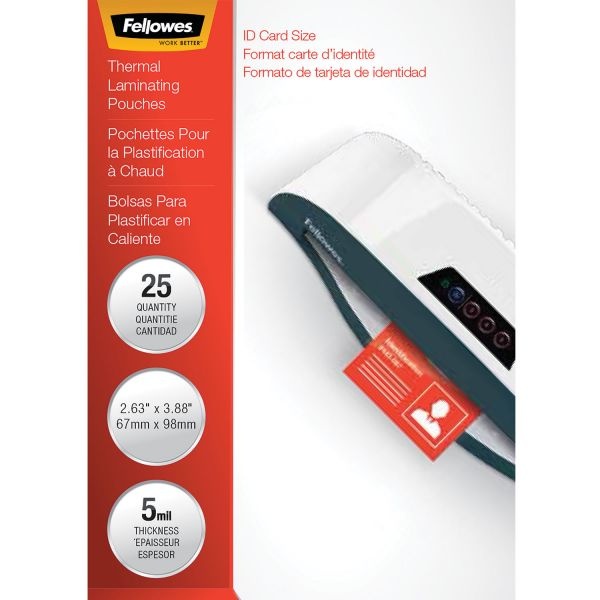 Fellowes Laminating Pouches, 5 Mil, 3.88" X 2.63", Gloss Clear, 25/Pack
