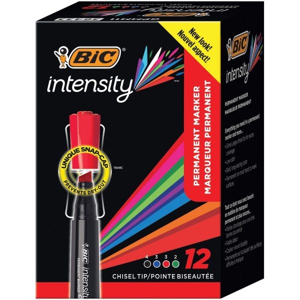 Bic Intensity Chisel Tip Permanent Marker, Broad Chisel Tip, Assorted Colors, Dozen