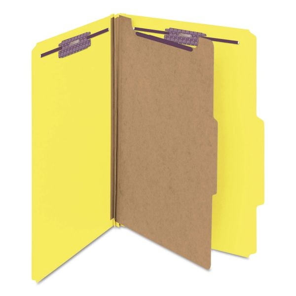 Smead Four-Section Pressboard Top Tab Classification Folders, Four Safeshield Fasteners, 1 Divider, Legal Size, Yellow, 10/Box