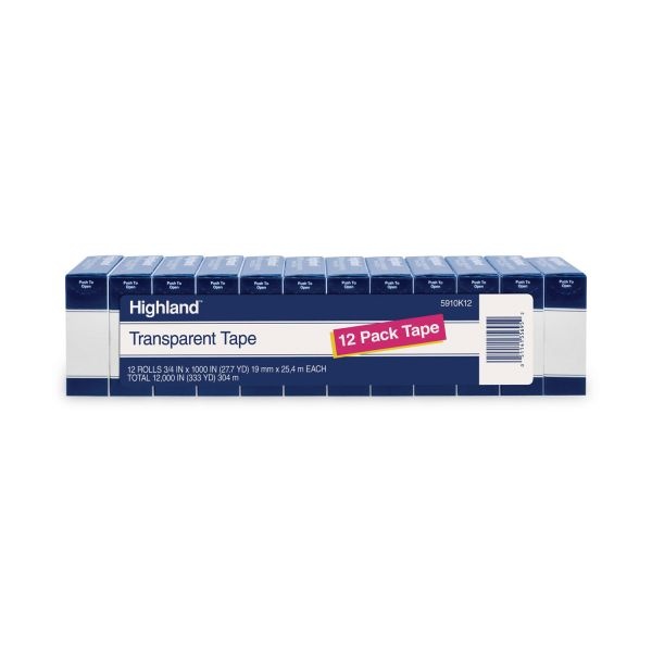 Highland Transparent Tape, 1" Core, 0.75" X 83.33 Ft, Clear, 12/Pack