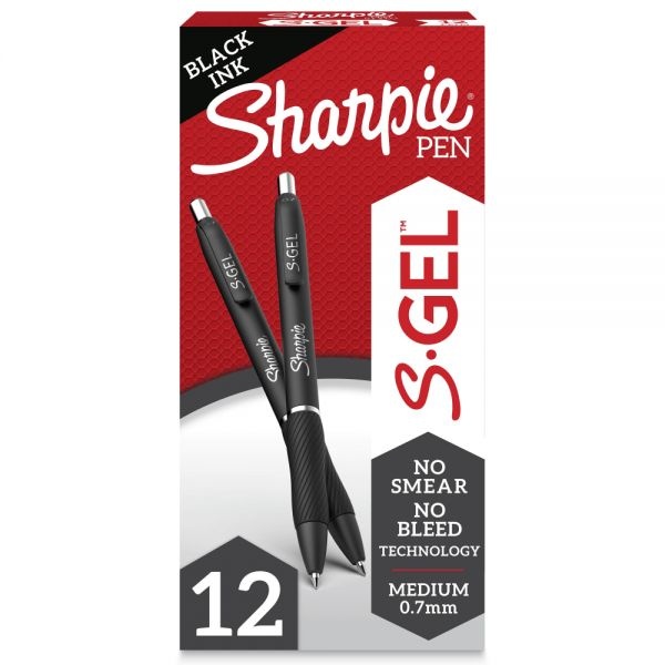 Sharpie S Gel Pens, Medium Point, 0.7 Mm, Black Barrel, Black Ink, Pack Of 12 Pens