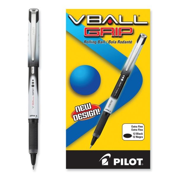 Pilot Vball Grip Liquid Ink Roller Ball Pen, Stick, Extra-Fine 0.5 Mm, Black Ink, Black/White Barrel, Dozen