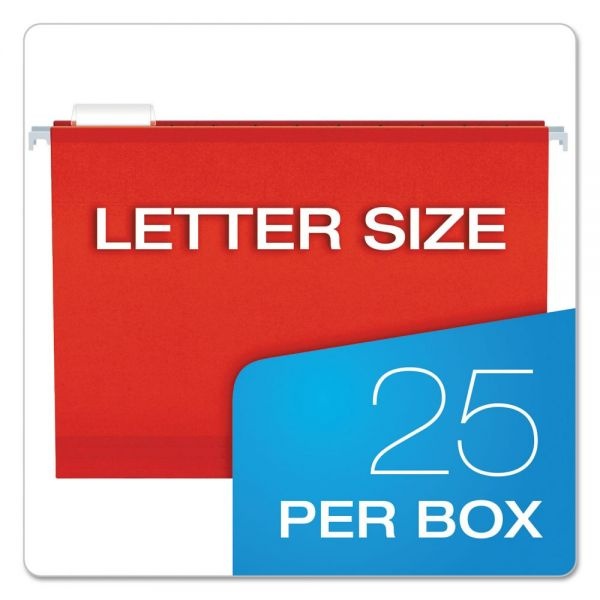 Pendaflex Extra Capacity Reinforced Hanging File Folders With Box Bottom, 2" Capacity, Letter Size, 1/5-Cut Tabs, Red, 25/Box
