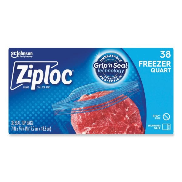 Ziploc Double Zipper Freezer Bags, 1 Qt, 2.7 Mil, 6.97" X 7.7", Clear, 38 Bags/Box, 9 Boxes/Carton