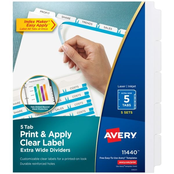 Avery Customizable Index Maker Extra-Wide Dividers For 3 Ring Binder, Easy Print & Apply Clear Label Strip, 5 Tab, Pack Of 5 Sets