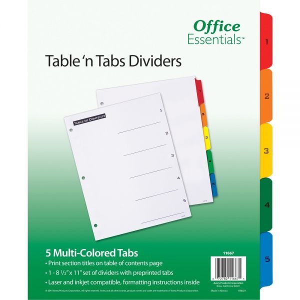 Office Essentials Table 'N Tabs Dividers, 5-Tab, 1 To 5, 11 X 8.5, White, 1 Set