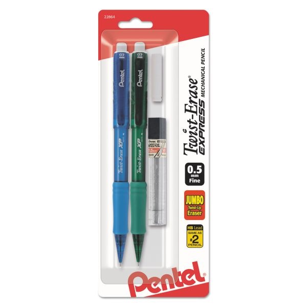 Pentel Twist-Erase Express Mechanical Pencils With Tube Of Leads/Eraser, 0.5 Mm, Hb (#2), Black Lead, (2) Assorted Barrel Colors