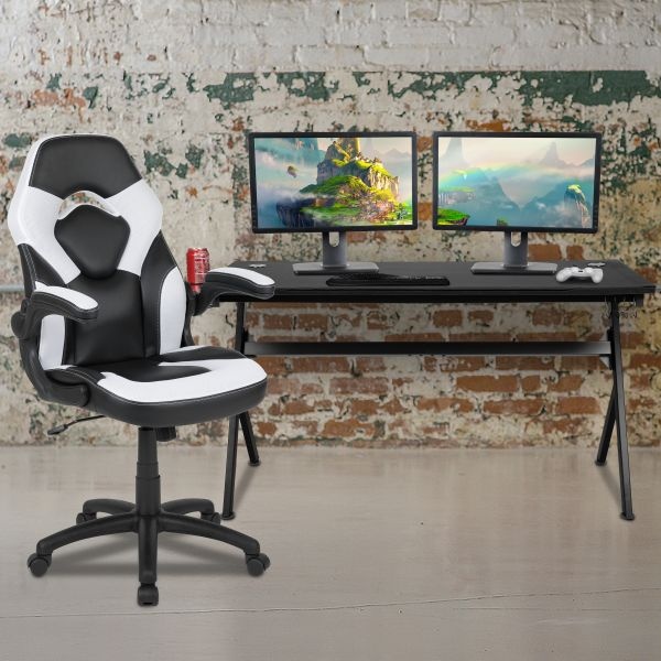 Optis Gaming Desk And White/Black Racing Chair Set /Cup Holder/Headphone Hook/Removable Mouse Pad Top - 2 Wire Management Holes