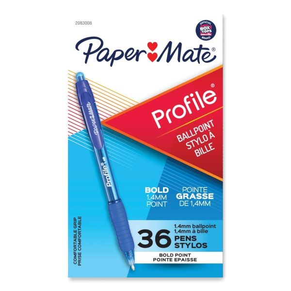 Paper Mate Profile Ballpoint Pen, Retractable, Bold 1.4 Mm, Blue Ink, Blue Barrel, 36/Pack