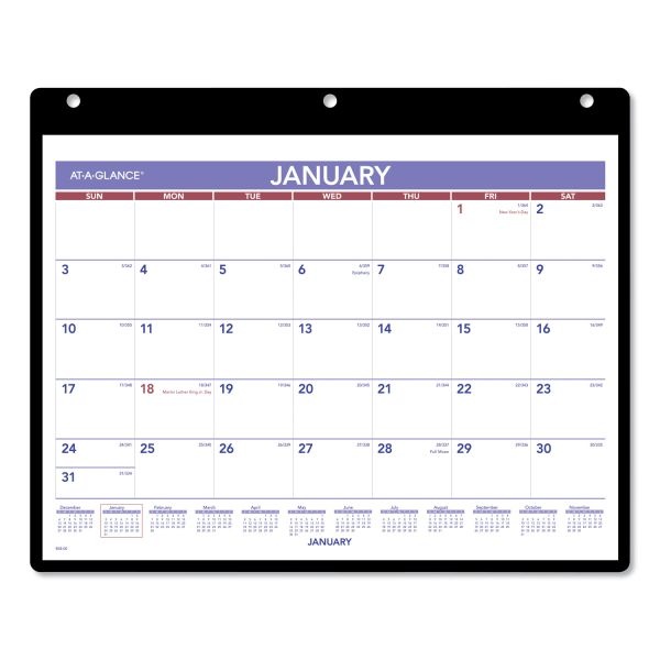 At-A-Glance Monthly Desk/Wall Calendar With Plastic Backboard And Bonus Pages, 11 X 8, White/Violet/Red Sheets, 12-Month (Jan-Dec): 2024