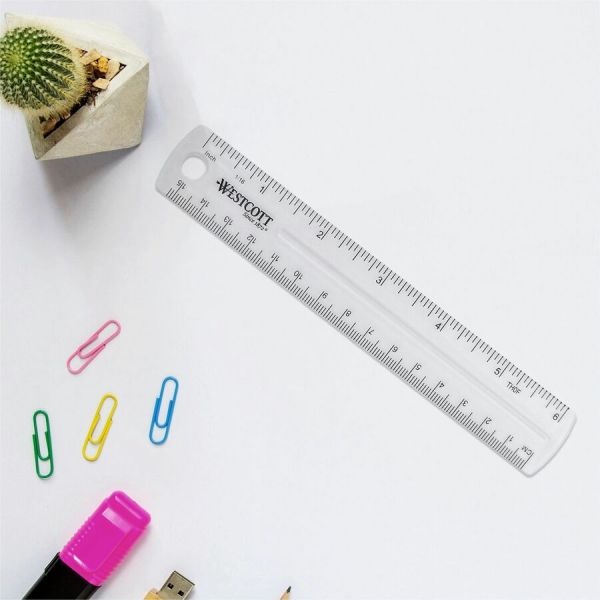 Westcott Transparent Shatter-Resistant Plastic Ruler, Standard/Metric, 6" Long, Clear