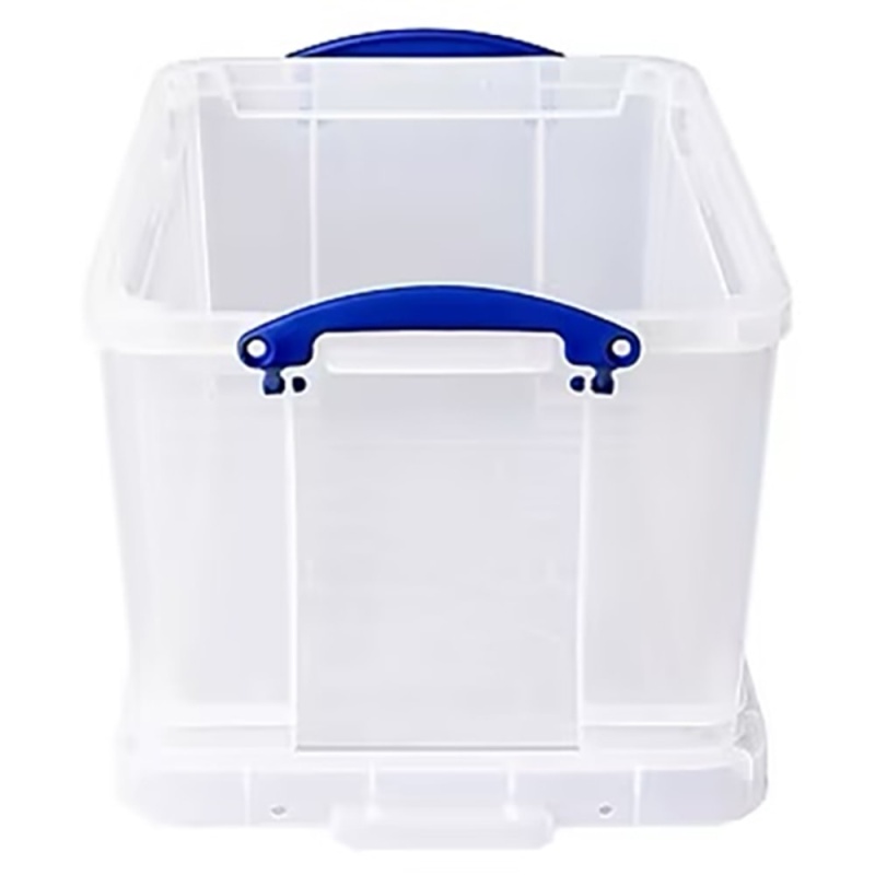 Really Useful Box Plastic Storage Container With Built-In Handles And Snap Lid, 32 Liters, 19" x 14" x 12", Clear