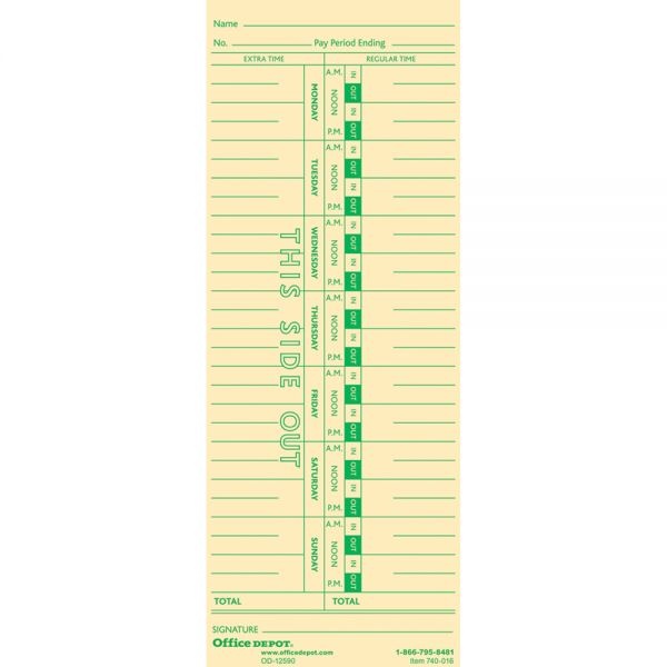 Time Cards, Weekly, Monday–Sunday Format, 1-Sided, 3 3/8" X 8 7/8", Manila, Pack Of 100