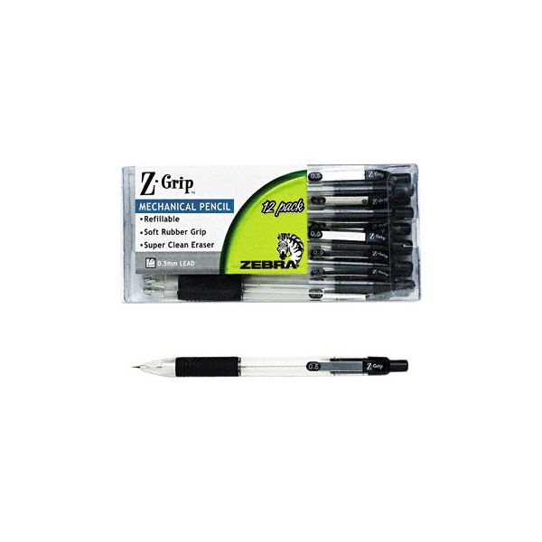 Zebra Z-Grip Mechanical Pencil, 0.5 Mm, Hb (#2), Black Lead, Clear/Black Barrel, Dozen
