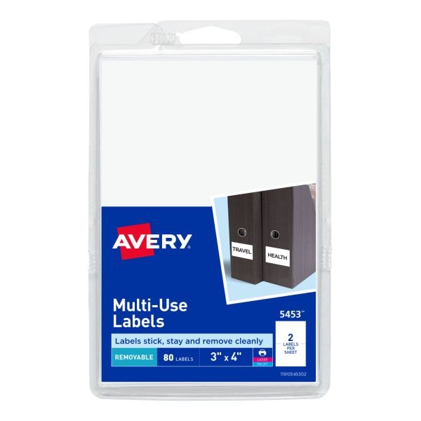 Avery Removable Labels, 5453, Rectangle, 3" X 4", White, Pack Of 80