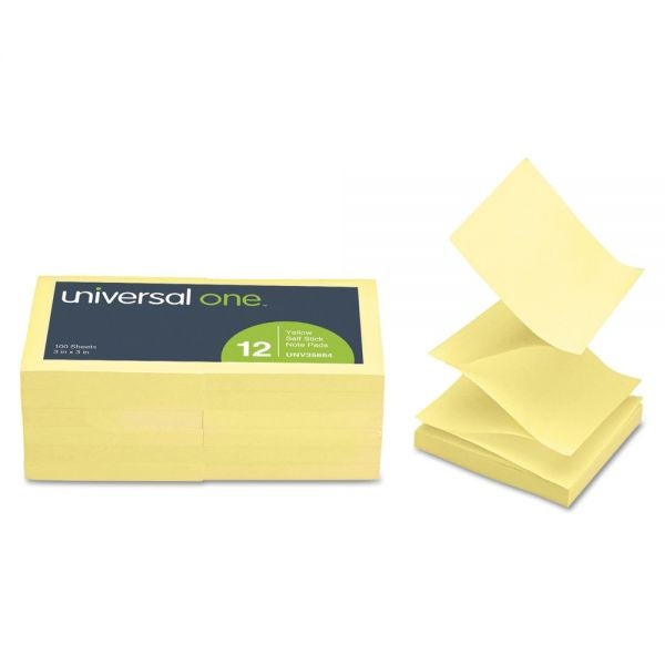 Universal Fan-Folded Self-Stick Pop-Up Note Pads, 3" X 3", Yellow, 100 Sheets/Pad, 12 Pads/Pack