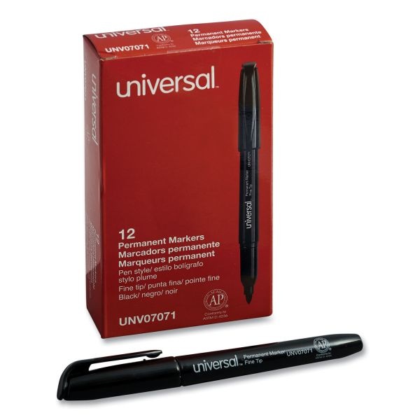 Universal Pen Style Permanent Markers, Fine Point, Black, Dozen