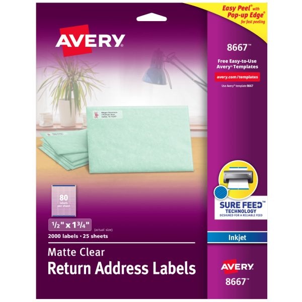 Avery Matte Return Address Labels With Sure Feed Technology, 8667, Rectangle, 1/2" X 1-3/4", Clear, Pack Of 2,000