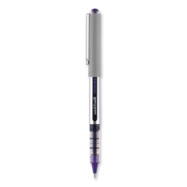 Uniball Vision Roller Ball Pen, Stick, Fine 0.7 Mm, Violet Ink, Silver/Violet/Clear Barrel, Dozen