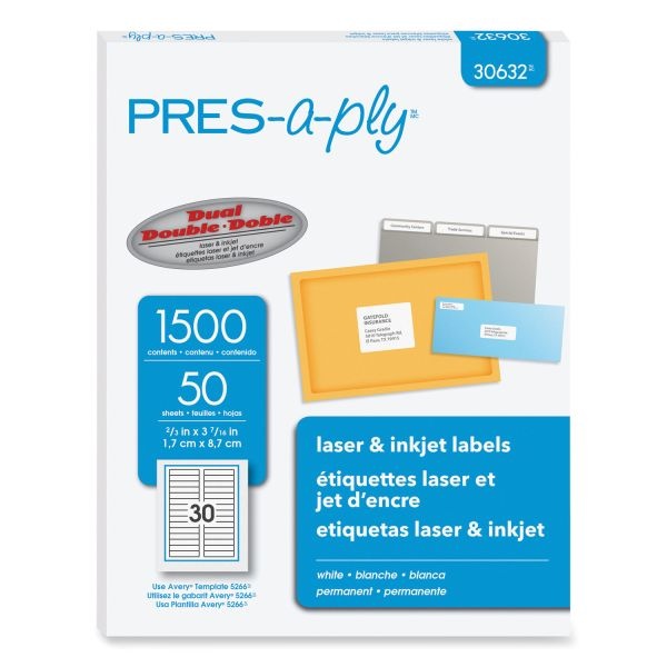 Pres-A-Ply Labels, 0.66 X 3.44, White, 30/Sheet, 50 Sheets/Box