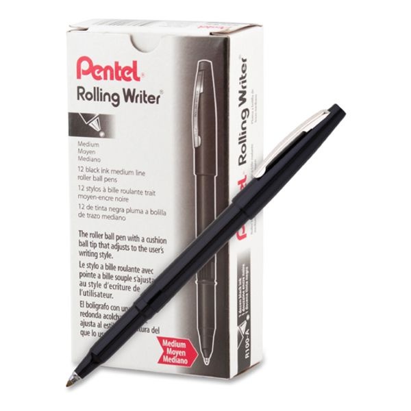 Pentel Rolling Writer Pens, Medium Point, 0.8 Mm, Black Barrel, Black Ink, Pack Of 12 Pens