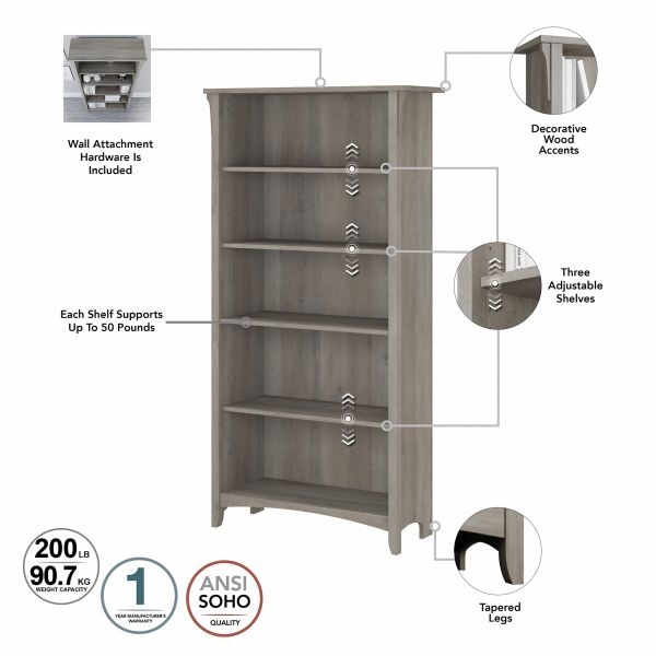 Bush Furniture Salinas 60W L Shaped Desk With Lateral File Cabinet And 5 Shelf Bookcase In Driftwood Gray