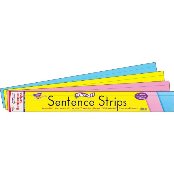 Trend Wipe-Off Sentence Strips, 24 X 3, Blue; Pink; Yellow, 30/Pack