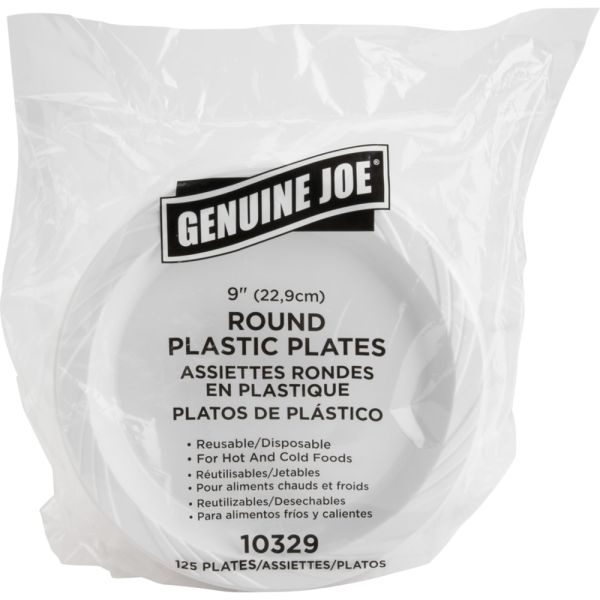Genuine Joe Reusable/Disposable 9" Plastic Plates, White, Pack Of 125