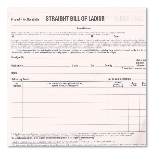 Rediform Bill Of Lading Short Form, Three-Part Carbonless, 7 X 8.5, 1/Page, 250 Forms