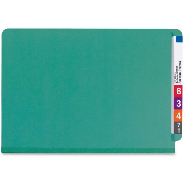 Smead End Tab Pressboard Classification Folders, Six Safeshield Fasteners, 2" Expansion, 2 Dividers, Legal Size, Green, 10/Box