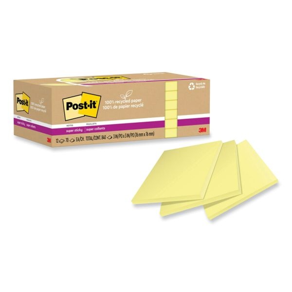 Post-It Notes Super Sticky 100% Recycled Paper Super Sticky Notes, 3" X 3", Canary Yelow, 70 Sheets/Pad, 12 Pads/Pack