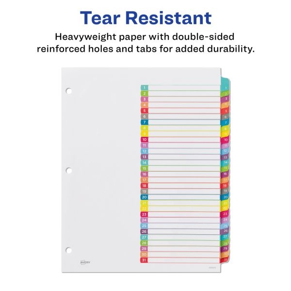 Avery Ready Index 1-31 Tab With Customizable Table Of Contents Binder Dividers, 8-1/2" X 11", 31 Tab, White/Multicolor, 1 Set