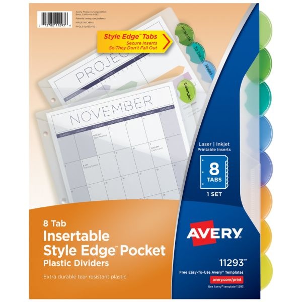 Avery Style Edge Insertable Dividers With Pockets, Multicolor, Pack Of 8