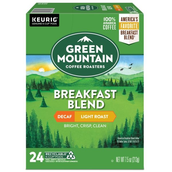 Green Mountain Coffee Breakfast Blend Decaf Coffee K-Cups, Light Roast, 24/Box