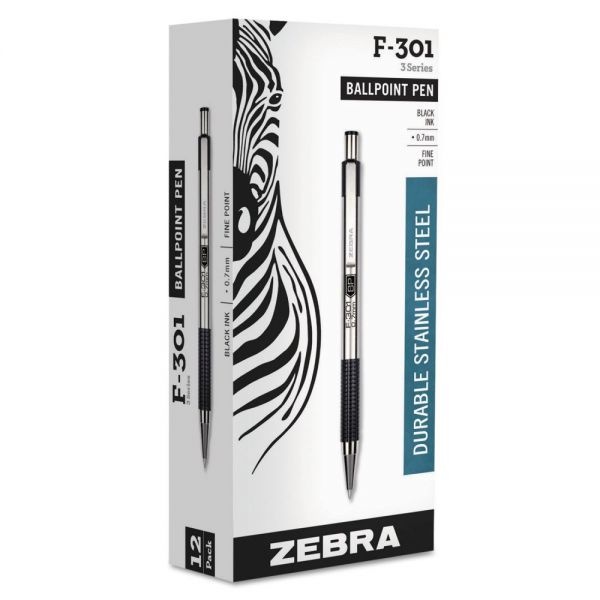Zebra F-301 Ballpoint Pen, Retractable, Fine 0.7 Mm, Black Ink, Stainless Steel/Black Barrel