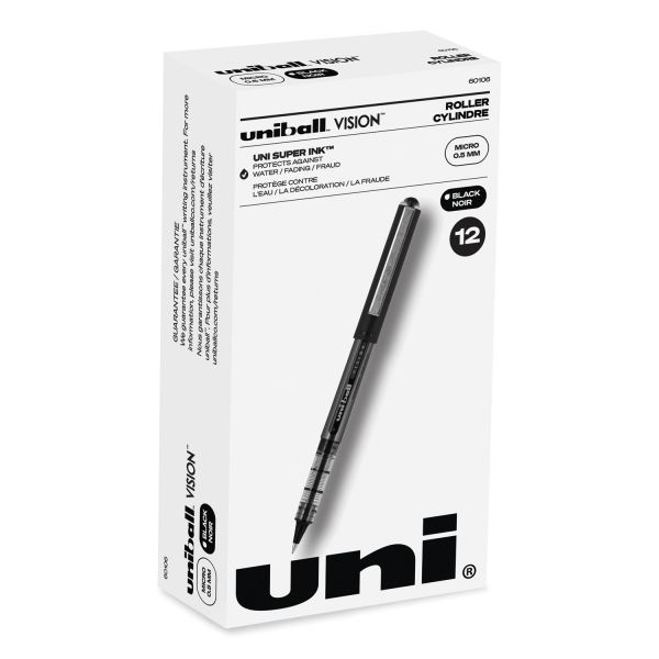 Uniball Vision Roller Ball Pen, Stick, Extra-Fine 0.5 Mm, Black Ink, Gray/Black/Clear Barrel, Dozen