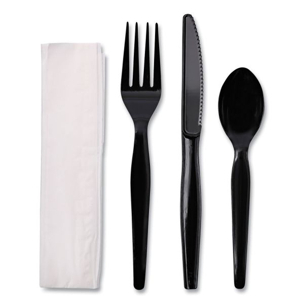 Boardwalk Four-Piece Cutlery Kit, Fork/Knife/Napkin/Teaspoon, Heavyweight, Black, 250/Carton