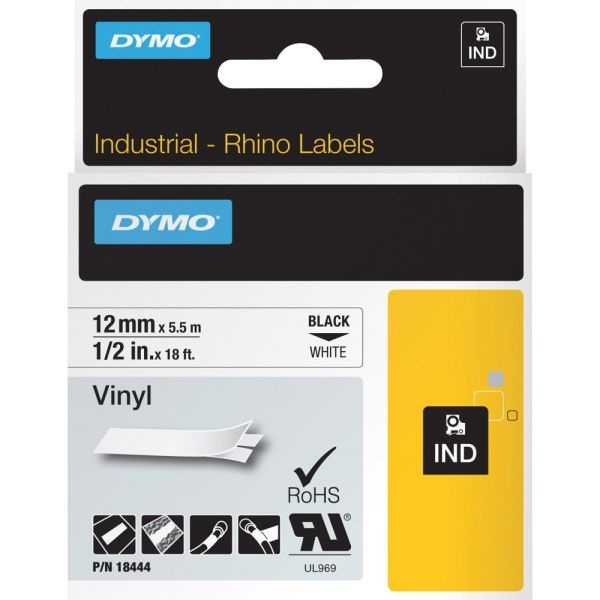 Dymo Rhino Industrial Vinyl Labels, 1/2" X 18-1/16', White/Black