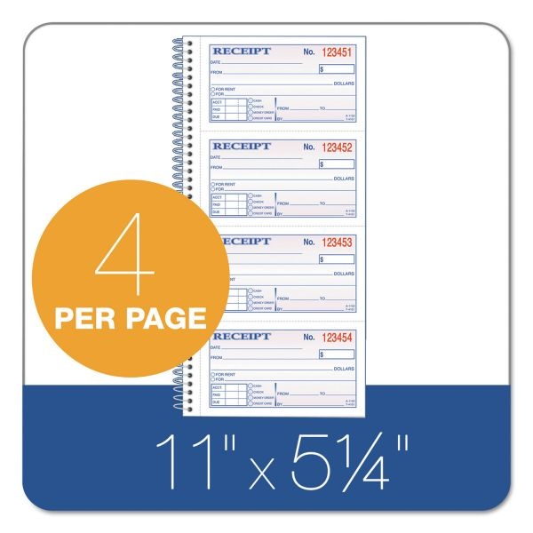 Tops Money/Rent Receipt Spiral Book, Two-Part Carbonless, 2.75 X 4.75, 4/Page, 200 Forms