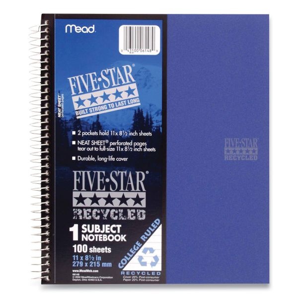 Five Star Recycled Personal Notebook, 1-Subject, Medium/College Rule, Randomly Assorted Cover Color, (100) 11 X 8.5 Sheets