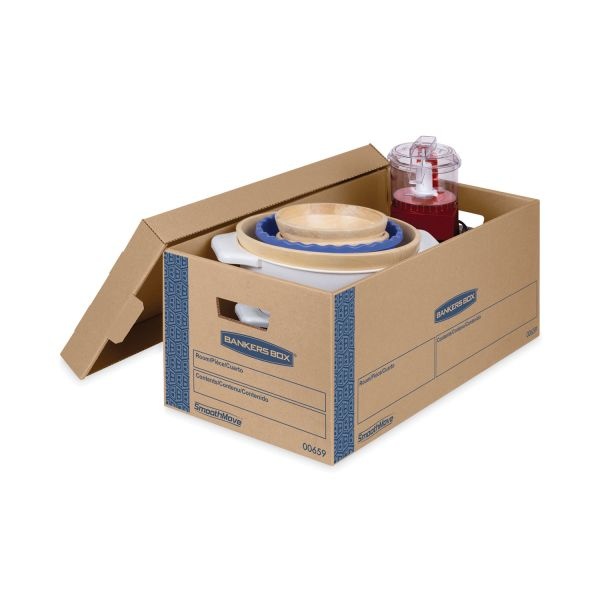 Bankers Box Smoothmove Prime Moving/Storage Boxes, Lift-Off Lid, Half Slotted Container, Small, 12" X 24" X 10", Brown/Blue, 8/Carton