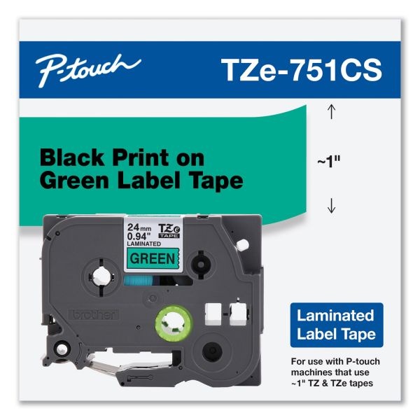 Brother P-Touch Tze Laminated Removable Label Tapes, 0.94" X 26.2 Ft, Black On Green