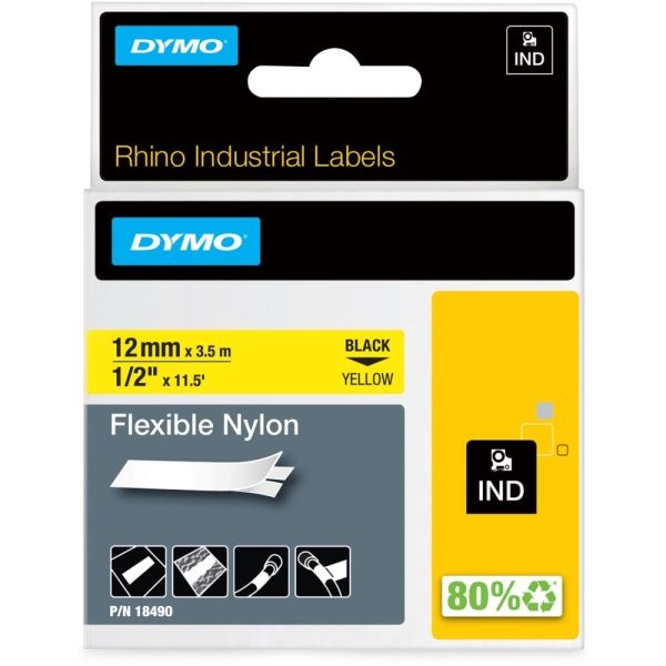 Dymo Rhino Flexible Nylon Labels 1/2"W X 11 1/2 Ft Length, Direct Thermal, Yellow, Nylon