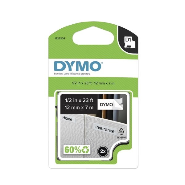 Dymo D1 45013 Black-On-White Tape, 0.5" X 23', Pack Of 2