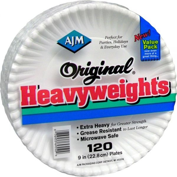 Ajm Packaging Corporation Gold Label Coated Paper Plates, 9" Dia, White, 120/Pack, 8 Packs/Carton